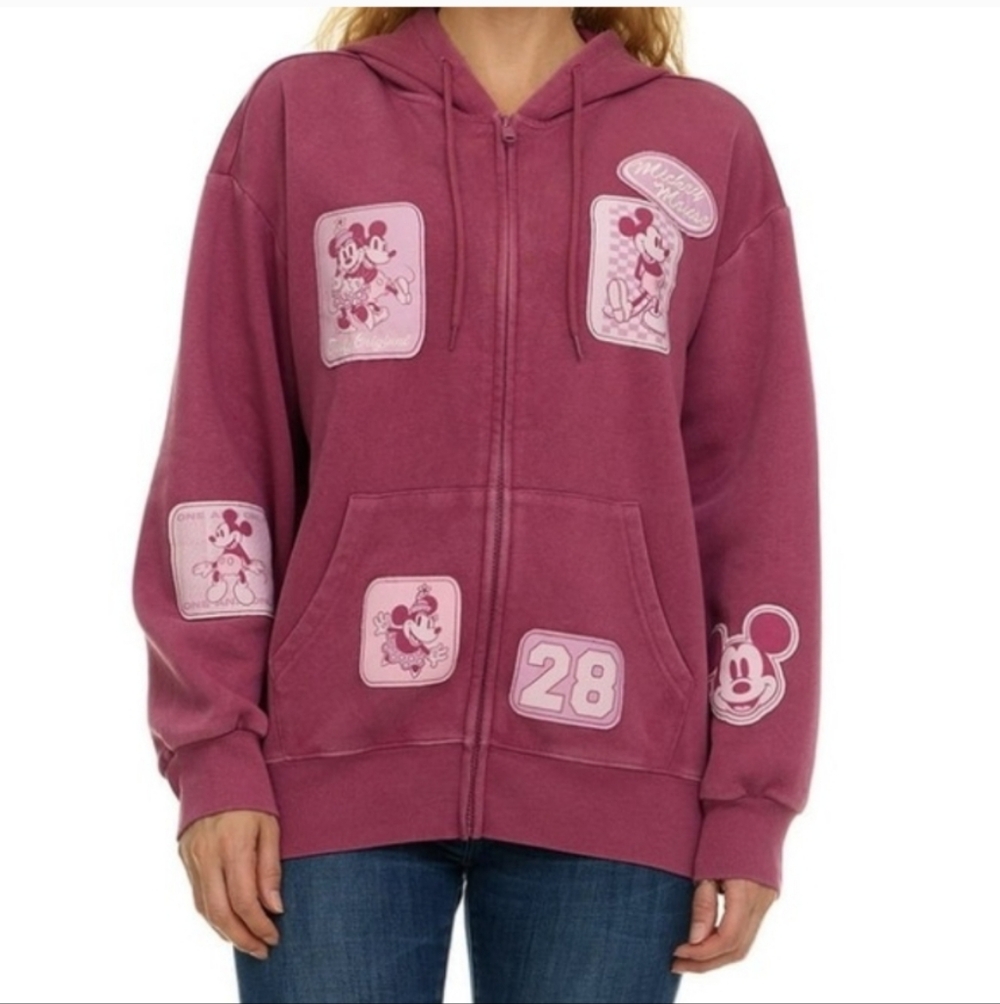 Disney Mickey & Minnie Mouse Soft Character Patch Zip Hoodie - Burgundy - Small